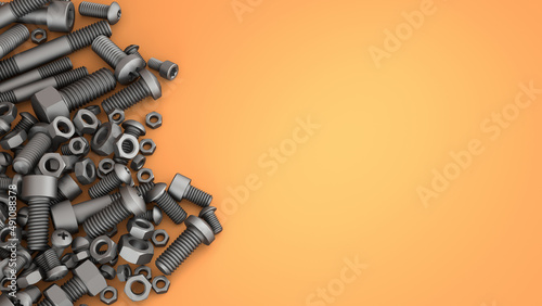 Bolts and nuts on an orange background with copy space. Fastener template. 3d illustration