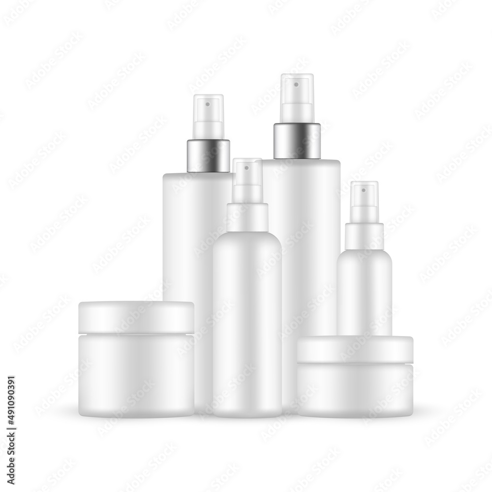 Plastic Cosmetic Pack Mockup: Jar, Small and Big Spray Bottles with Metal Cap. Vector illustration Plastic Cosmetic Pack Mockup: Jar, Small and Big Spray Bottles with Metal Cap. Vector illustration