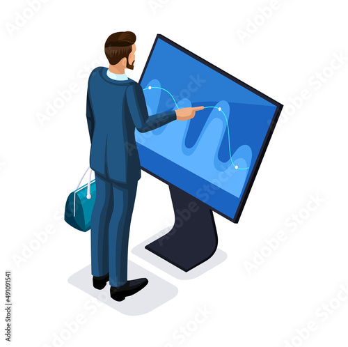 Isometric digital monitor with infographics. Business help concept. Interactive information kiosk, Advertising display, Terminal counter
