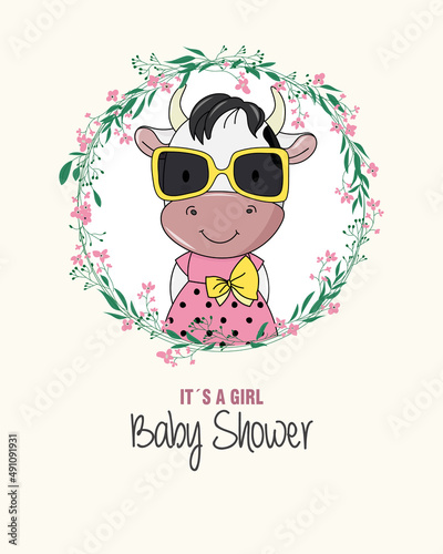 Baby shower card. Cute cow inside flower frame. Isolated vector  