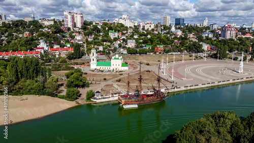 Admiralteyskaya square , Uspensky Admiralteysky church and floating Museum Gott Predestination on wooden ship in Voronezh.