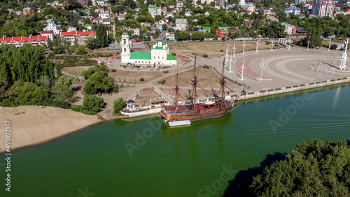 Admiralteyskaya square , Uspensky Admiralteysky church and floating Museum Gott Predestination on wooden ship in Voronezh.
