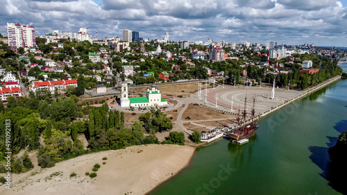 Admiralteyskaya square , Uspensky Admiralteysky church and floating Museum Gott Predestination on wooden ship in Voronezh.
