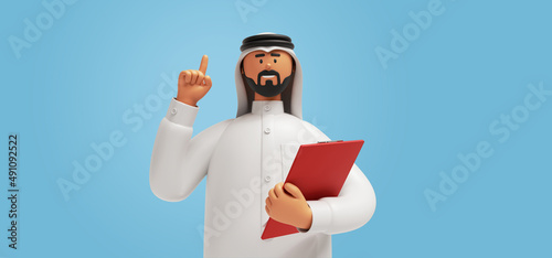 3d render, cartoon character arab man with beard wears traditional white clothes, shows finger up and holds red clipboard. Business clip art isolated on light blue background. Advice concept photo