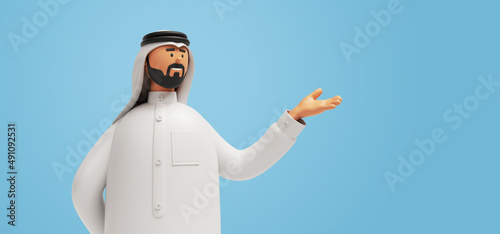 3d render, cartoon character arab man with beard wears traditional white clothes shows hand gesture. Business clip art isolated on light blue background. Presentation concept, promotion metaphor photo