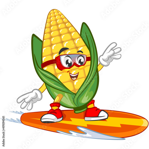 Cute corn character surfin on snow. Vector hand drawn cartoon kawaii mascot illustration icon. Isolated on white background. Corn character concept photo