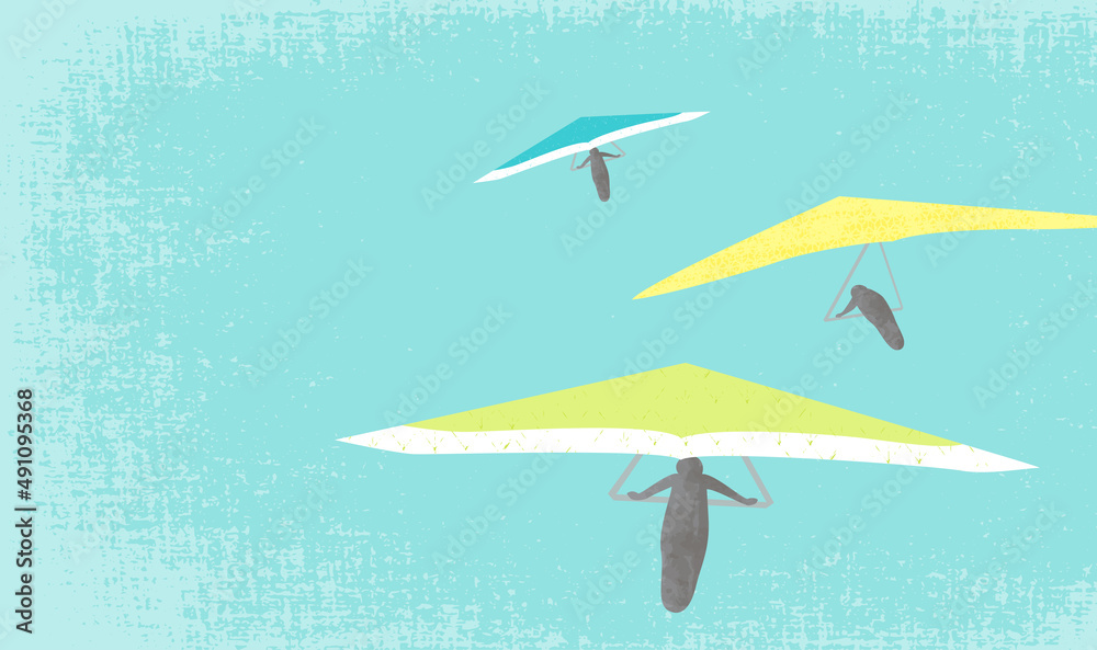 People on hang gliders in the air, in a cut paper style with textures
