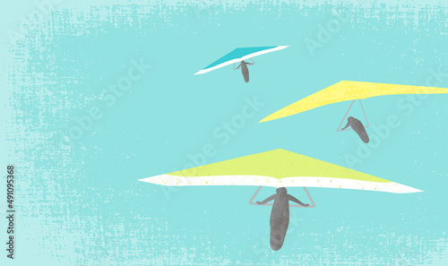 People on hang gliders in the air, in a cut paper style with textures
