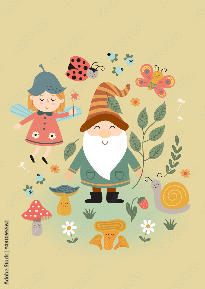 magic poster with gnome, fairy, mushrooms, insect