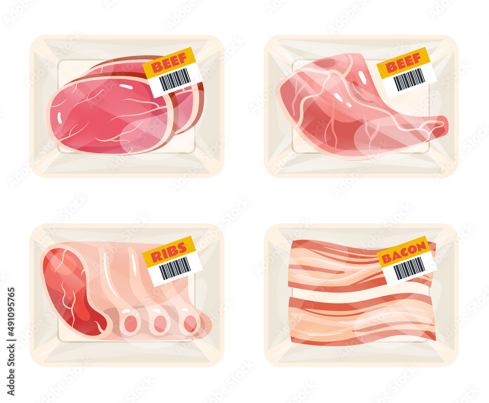 Meat chicken pork slice packing in plastic trays isolated set. Vector flat  graphic design cartoon illustration Stock Vector | Adobe Stock
