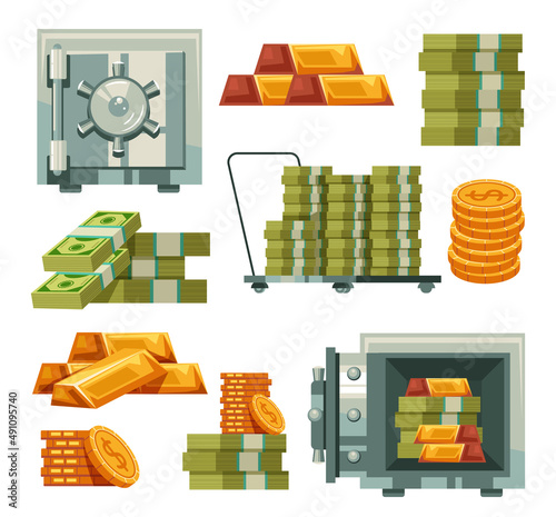 Closed and open iron safe full of money isolated set. Bank vault concept. Vector flat graphic design cartoon illustration