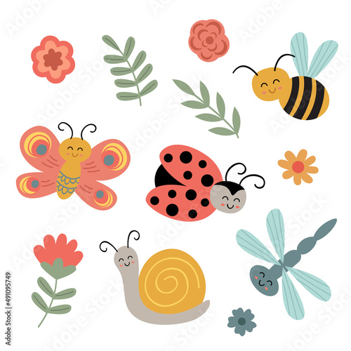 set of isolated cute insect and flowers