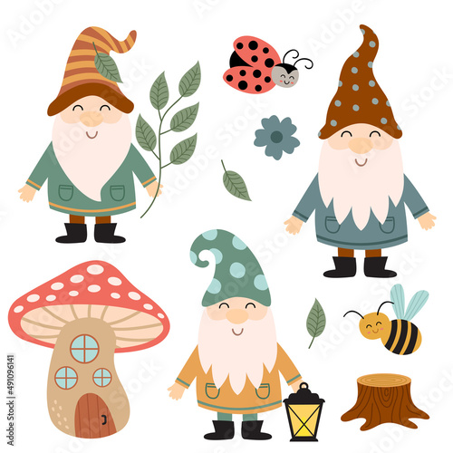 set of isolated gnome, mushroom house and other forest elements