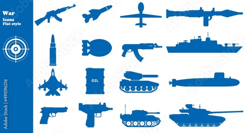 Guerre, conflit militaire en icônes bleus, collection