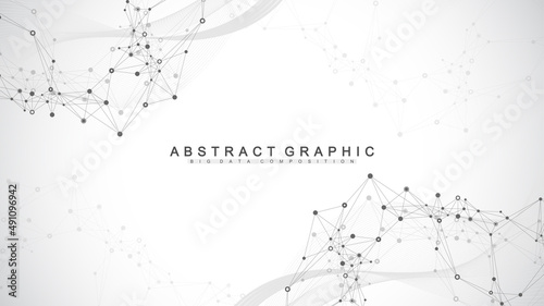 Digits abstract background with connected line and dots, wave flow. Digital neural networks. Network and connection background for your presentation. Graphic polygonal background. Vector illustration.