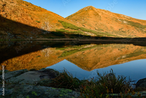 Reflection of Mount Turkul in the reservoir of Lake Nesamovyte  Lake Nesamovyte and Mount Turkul  autumn landscapes of the Carpathians.