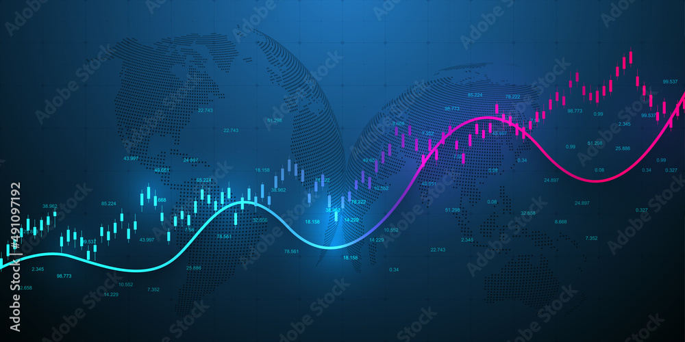 Abstract financial chart with uptrend line graph and world map on black ...