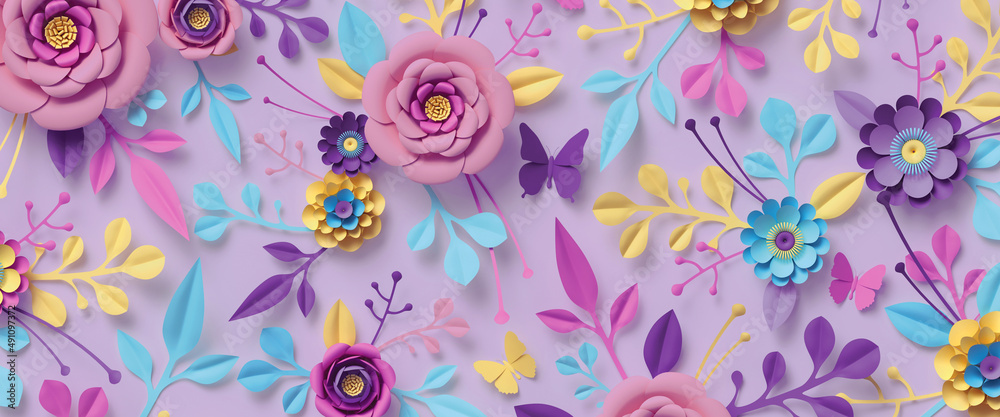 3d rendering, abstract wide panoramic floral background. Floral wallpaper with colorful paper flowers