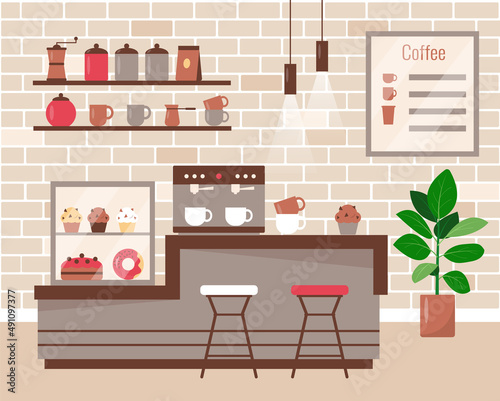 Cozy cafe or cafeteria with bar chairs and equipment. Coffee shop or bakehouse interior design. Flat or cartoon vector illustration.