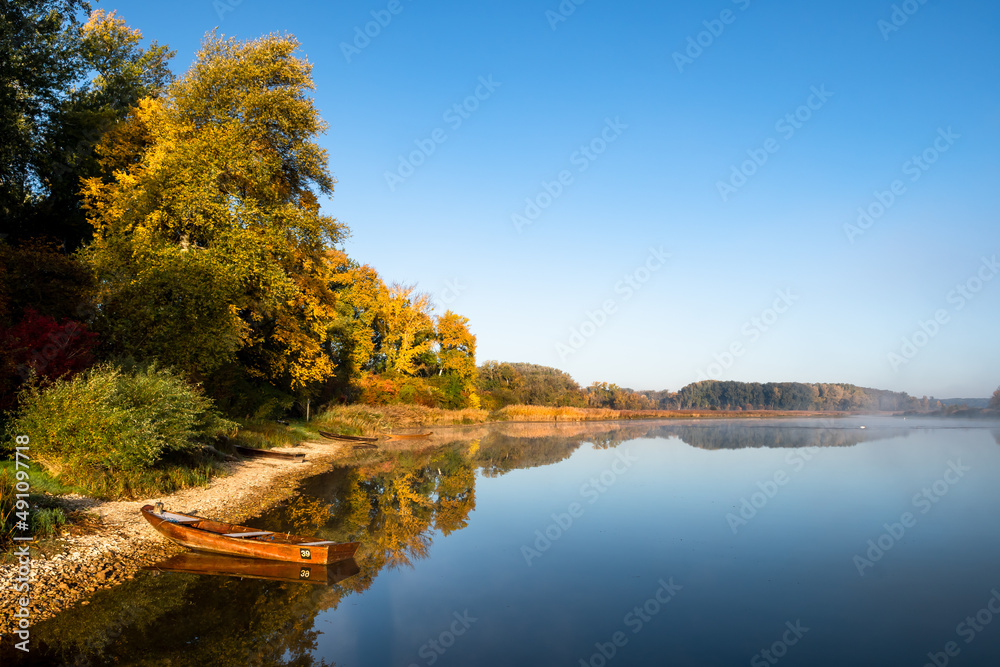 Calm Water With Boats In National Park Danube Wetlands In Austria