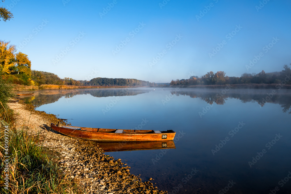 Calm Water With Boats In National Park Danube Wetlands In Austria