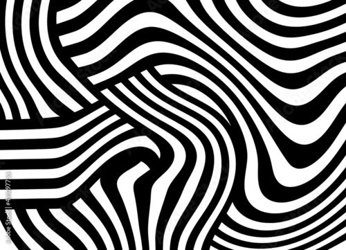 Striped black and white pattern of curved lines. Modern vector background.