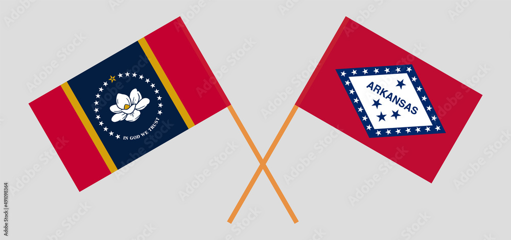 Crossed flags of The State of Mississippi and The State of Arkansas. Official colors. Correct proportion Crossed flags of The State of Mississippi and The State of Arkansas. Official colors. Correct proportion