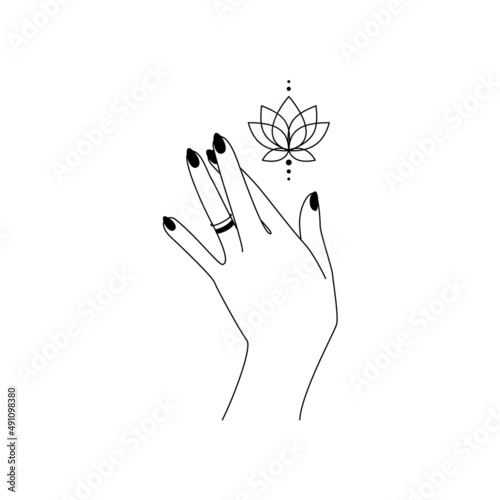 Sacred bloom lotus flower with hand outline. Alchemy spiritual tribal symbol with women palm for emblem yoga wellness and meditation school. Esoteric mystical design element. Vector illustration