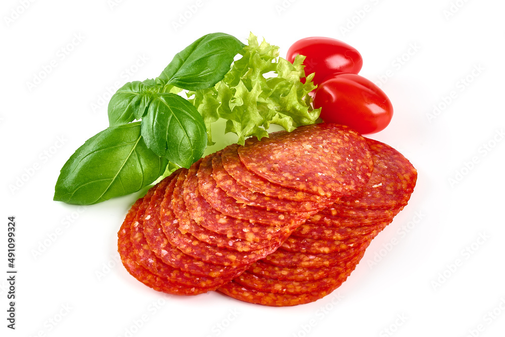 Spanish pork chorizo sausage slices, close-up, isolated on white background. Spanish pork chorizo sausage slices, close-up, isolated on white background.