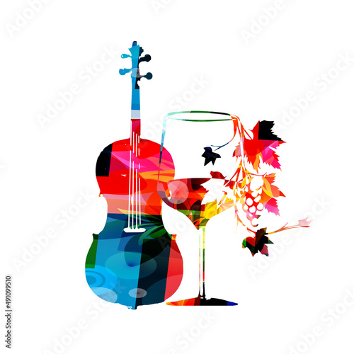  Colorful wine glass with vine and violoncello vector illustration. Wine tasting event, wine festival, celebrations, restaurant poster. Wine drink design for brochure, invitation card, menu, promotion