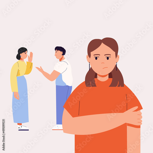 The woman is standing. People are talking about her behind her back. Gossip. Resentment. Vector illustration