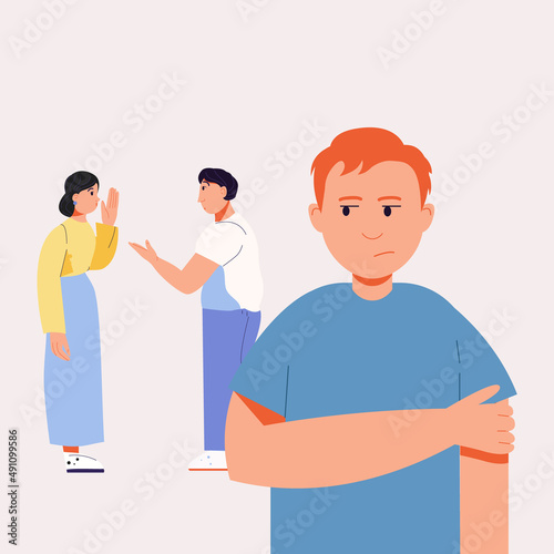 The guy is standing. People are talking about him behind his back. Gossip. Resentment. Vector illustration