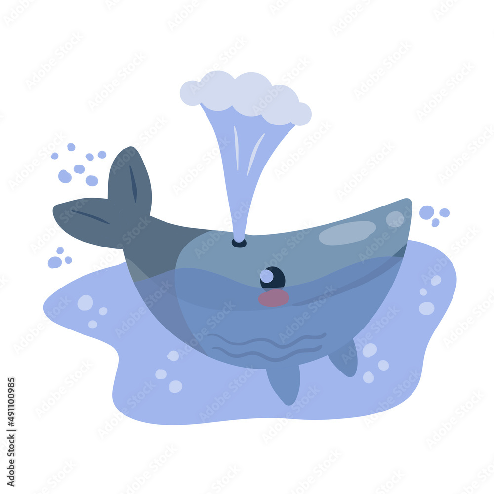 Obraz premium Cute funny whale with water fountain in sea or ocean. Marine animal. Funny blue sperm whale. Children drawing in Scandinavian style
