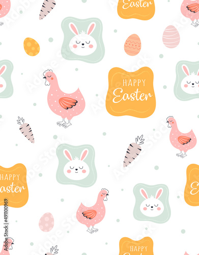 easter seamless pattern with bunnies and hens