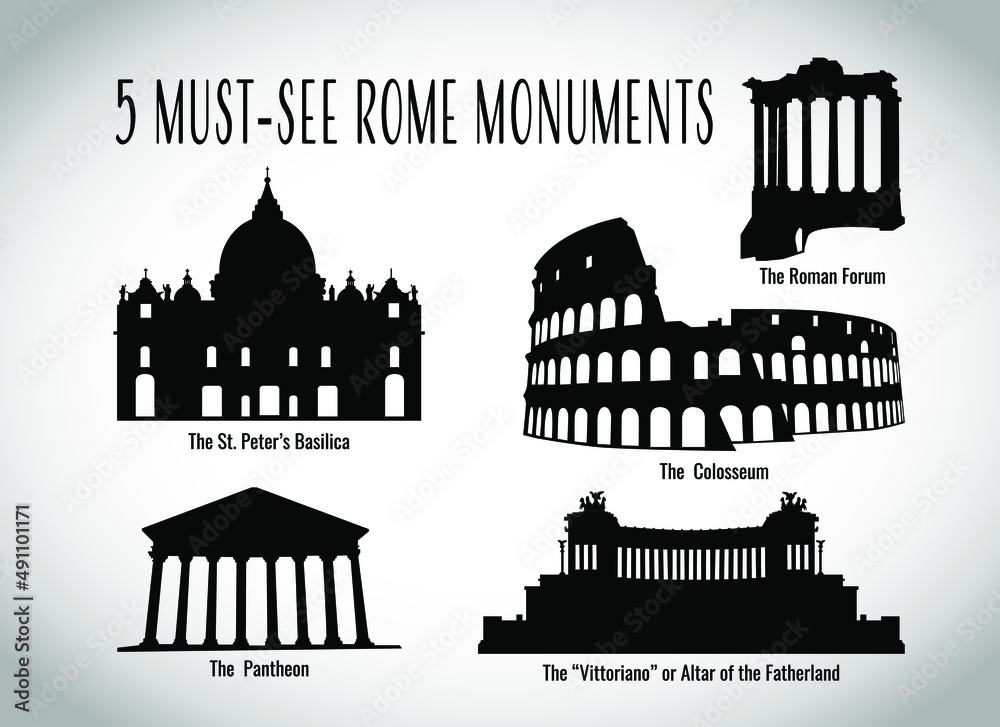 5 must-see Rome monuments vector hand drawn monocrome black silhouette set