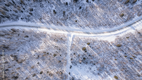 Aerial Looking Down At Winter Road In Northern Ontario Canadian Wilderness photo