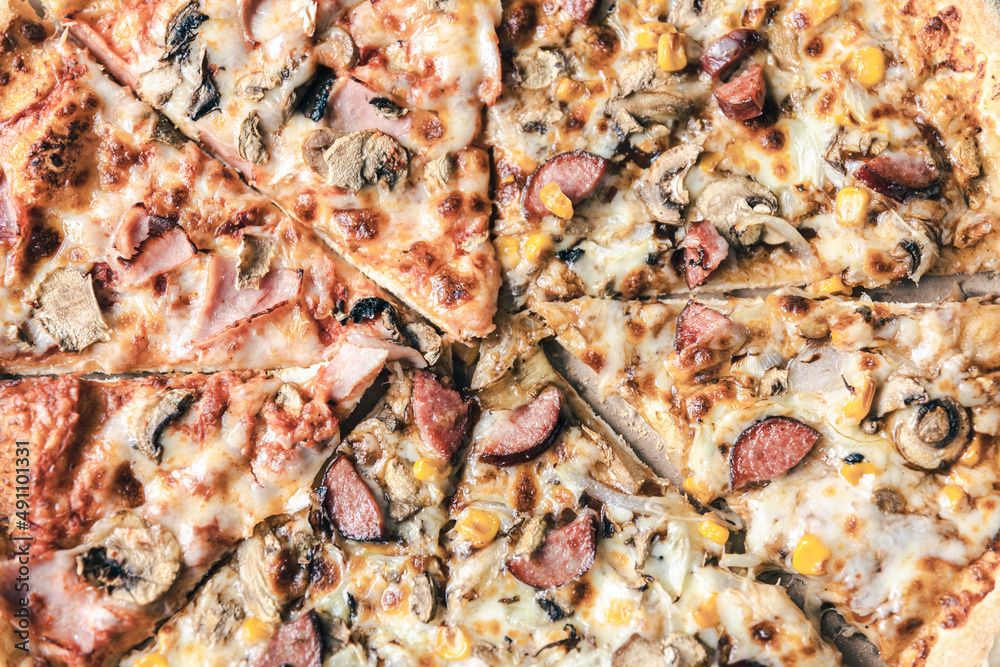 Close up, appetizing pizza slices, food background. Close up, appetizing pizza slices, food background.