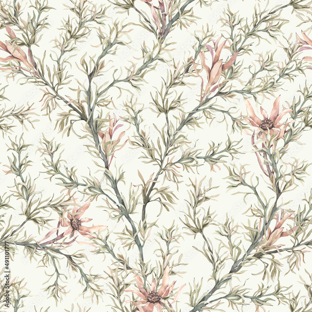 eamless pattern on a light background with tropical green plants and pink flowers. Painted by hand in watercolor. For textile, wallpaper, wrapping paper, packaging design and more. eamless pattern on a light background with tropical green plants and pink flowers. Painted by hand in watercolor. For textile, wallpaper, wrapping paper, packaging design and more.