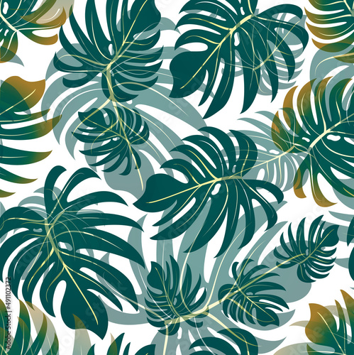 Palm. Seamless pattern with branches and leaves of tropical plants  trees. Vector image. 