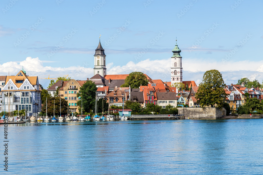 Lindau, Germany. Scenic view of the embankment with the bell towers of medieval cathedrals