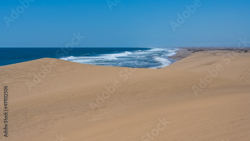 Namibia, the Namib desert, landscape of yellow dunes falling into the sea 