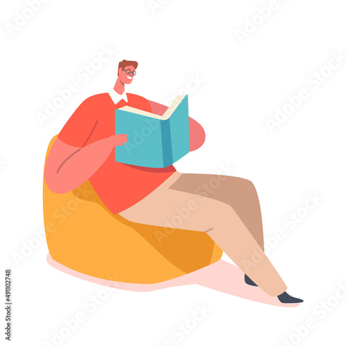 Man Reading Book Sitting in Armchair. Education or Reading Hobby Concept. College or University Student Prepare to Exam