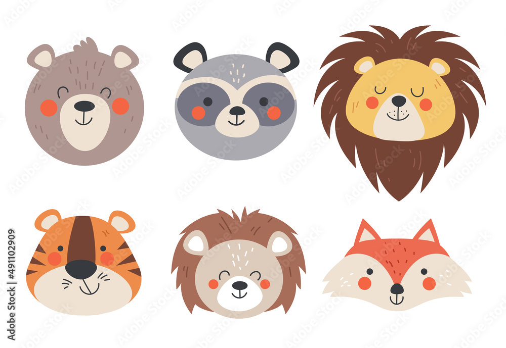 Animal head face graphic design element isolated set illustration