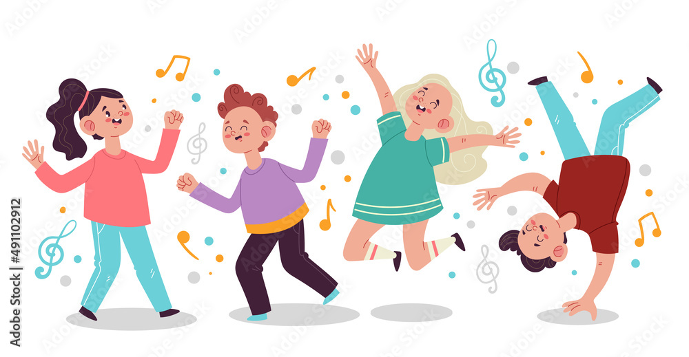 Little children boy girls dancing. Vector graphic design flat illustration set Little children boy girls dancing. Vector graphic design flat illustration set