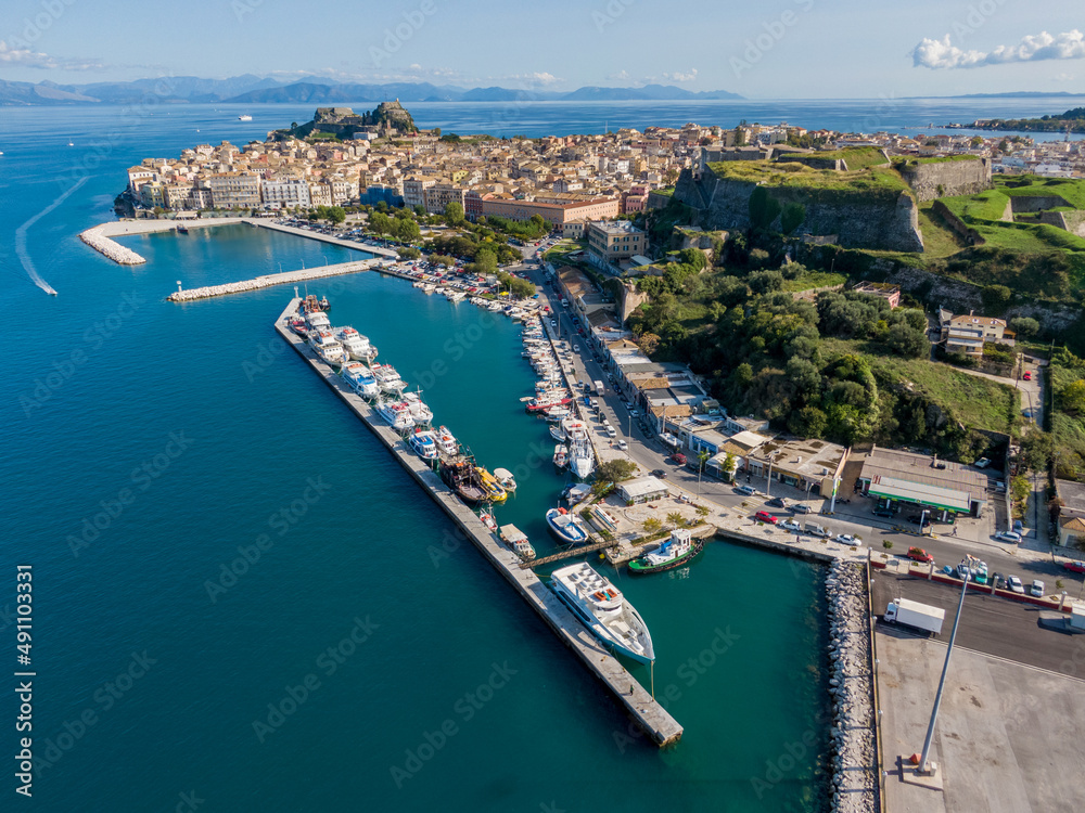 Aerial drone photo of corfu town in greece