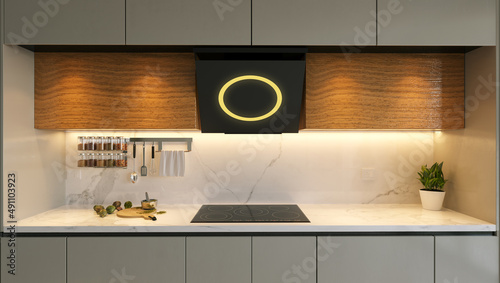 Modern wood and lacquer kitchen cabinet 3d rendering