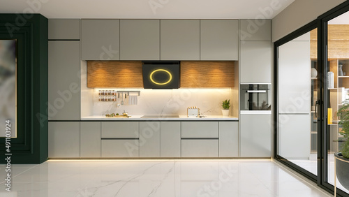 Modern wood and lacquer kitchen cabinet with green wall 3d rendering