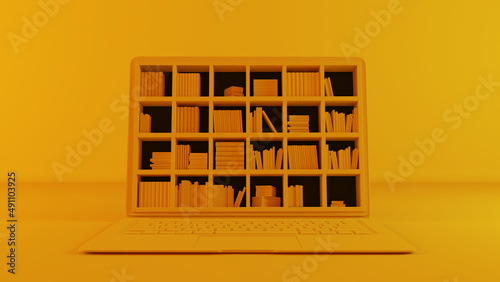 Library on computer screen clean yellow background 3d rendering