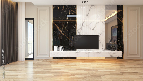 Fotografie Modern tv unit with marble concept in living room 3d rendering