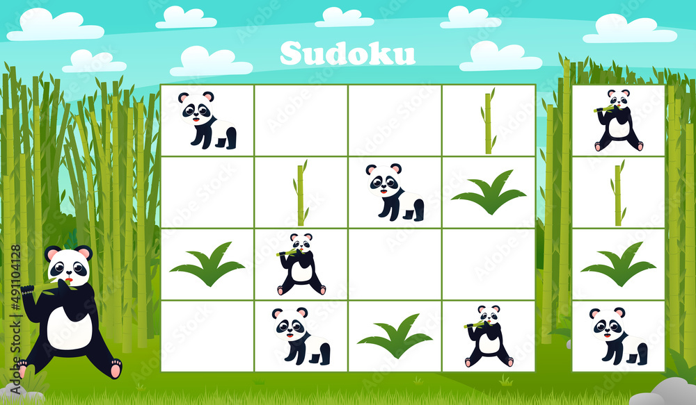 Fototapeta premium Kids sudoku board game with cartoon panda and bamboo in forest. riddle with animals characters